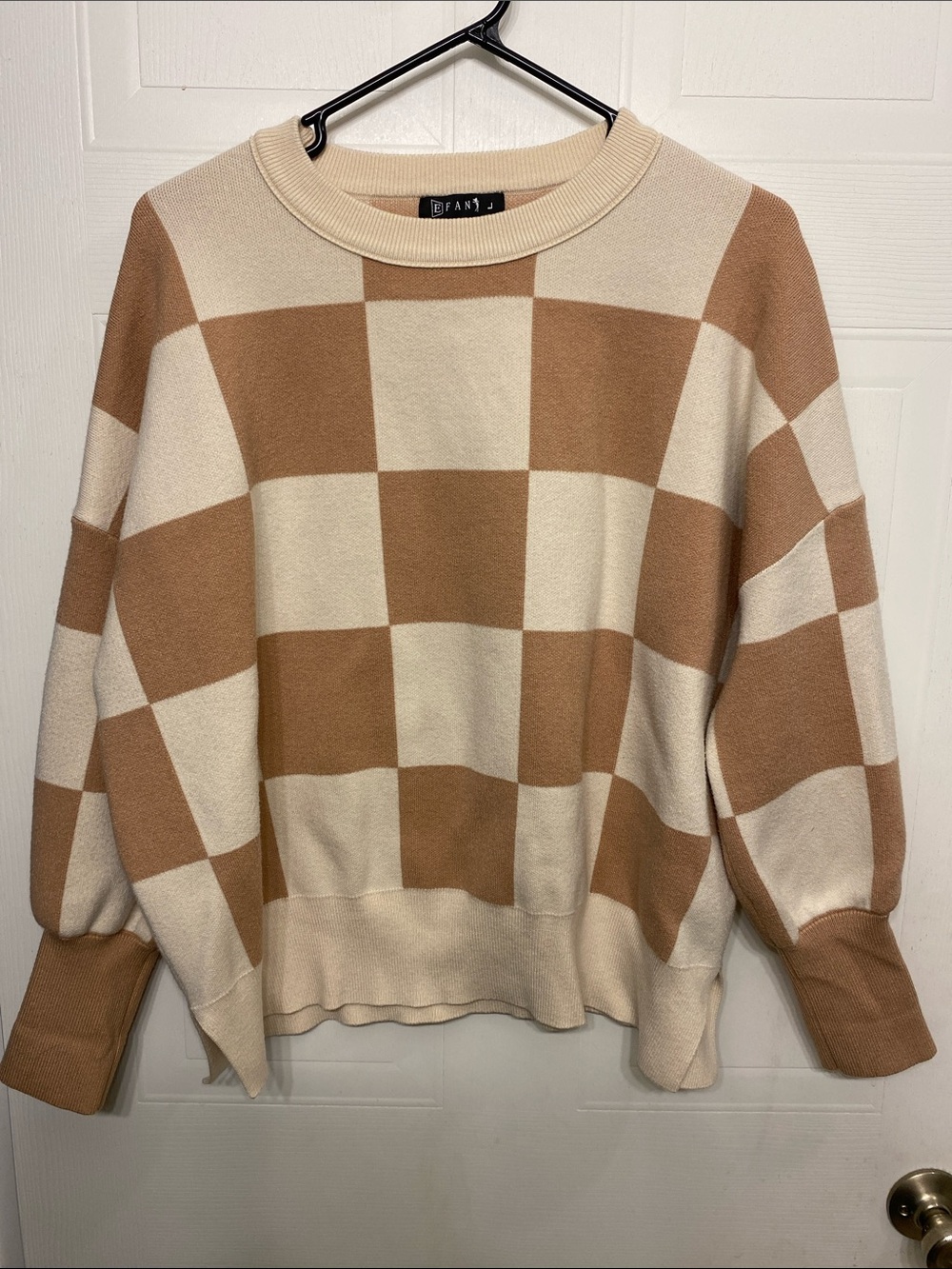 Checkerboard Crewneck Sweater - Cream & Tan